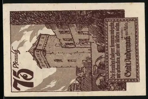 Notgeld Andernach am Rhein, 75 Pfennig, Burgansicht und Wappen