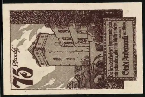 Notgeld Andernach am Rhein, 75 Pfennig, Burgansicht und Wappen