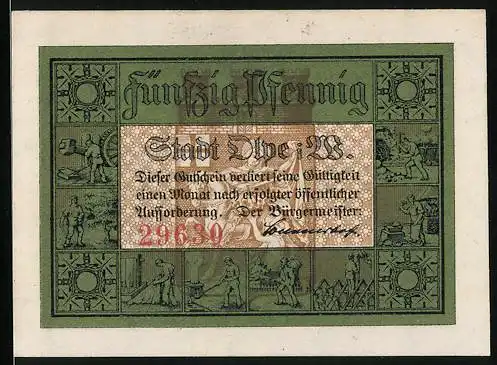 Notgeld Olpe i. W., 50 Pfennig, Ortsansicht mit Befestigungsturm