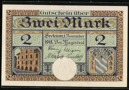 Notgeld Beckum 1918, 2 Mark, Beckumer beim Wasserholen, Stadtwappen