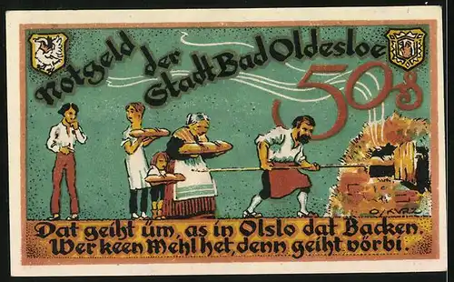 Notgeld Bad Oldesloe, 50 Pfennig, Bäcker am Werkeln, Gol-Moor Schwefel-Bäder
