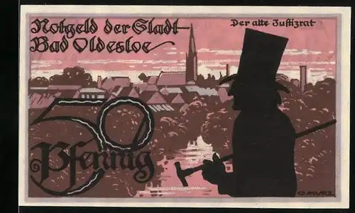 Notgeld Bad Oldesloe, 50 Pfennig, der alte Justizrat, Gol-Moor und Schwefelbäder
