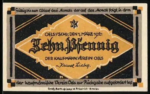 Notgeld Oels i. Schl. 1921, 10 Pfennig, Ortsansicht im Sonnenuntergang