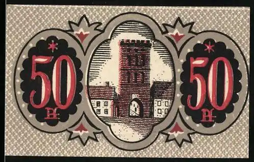 Notgeld Oels i. Schl. 1920, 50 Pfennig, zinnenbewehrter Turm