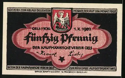 Notgeld Oels i. Schl. 1920, 50 Pfennig, zinnenbewehrter Turm