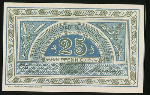 Notgeld Oldenburg i. Holst., 25 Pfennig, Stadtwappen, Ortsansicht