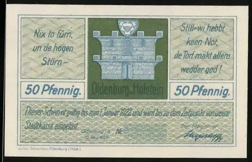 Notgeld Oldenburg in Holst., 50 Pfennig, Blick auf das Torfwerk