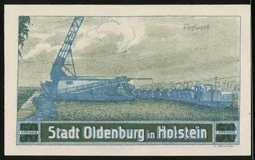 Notgeld Oldenburg in Holst., 50 Pfennig, Blick auf das Torfwerk
