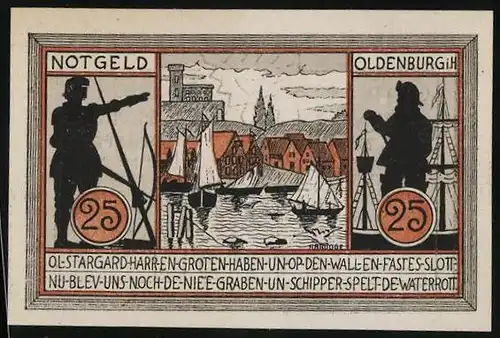 Notgeld Oldenburg i. H., 25 Pfennig, Hafenpartie, Ritter, Seemann