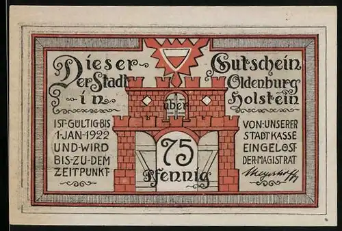 Notgeld Oldenburg i. H., 75 Pfennig, Rathaus, Schreiberling, Laternenanzünder