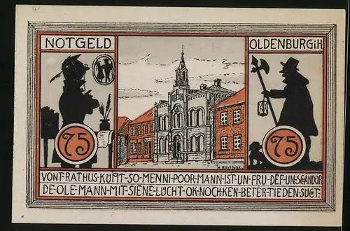 Notgeld Oldenburg i. H., 75 Pfennig, Rathaus, Schreiberling, Laternenanzünder