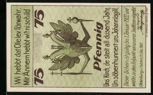 Notgeld Oldenburg i. H. 1920, 75 Pfennig, Wegpartie vor grossem Haus
