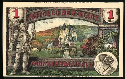 Notgeld Münstermaifeld 1921, 1 Mark, Burg Litz, Stadtwappen