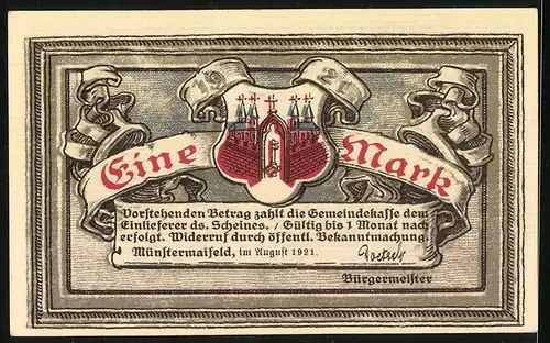 Notgeld Münstermaifeld 1921, 1 Mark, Burg Litz, Stadtwappen