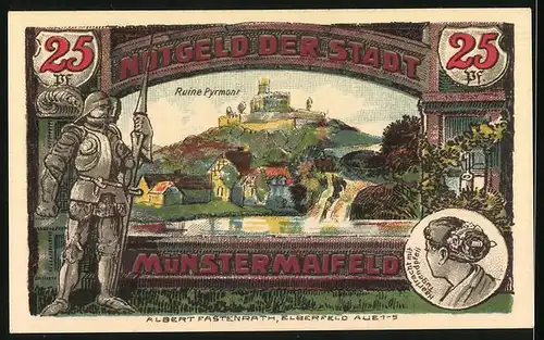 Notgeld Münstermaifeld 1921, 25 Pfennig, Ruine Pyrmont, Stadtwappen