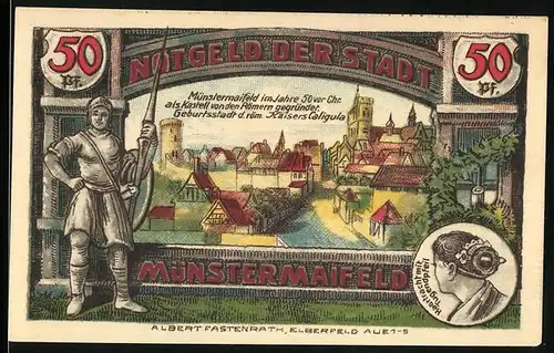 Notgeld Münstermaifeld 1921, 50 Pfennig, Stadtwappen, Ortsansicht um 50 v. Chr.