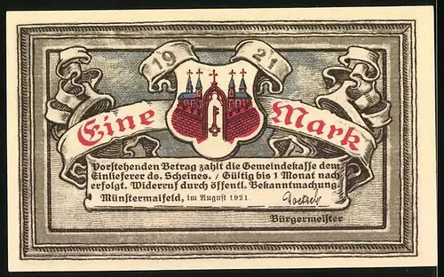 Notgeld Münstermaifeld 1921, 1 Mark, Stiftskirche, Stadtwappen