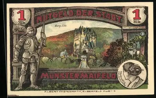 Notgeld Münstermaifeld 1921, 1 Mark, Burg Litz, Stadtwappen