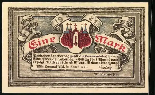 Notgeld Münstermaifeld 1921, 1 Mark, Burg Litz, Stadtwappen