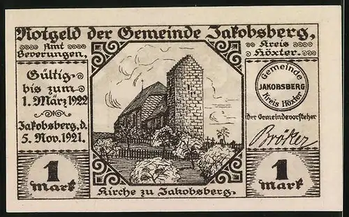 Notgeld Jakobsberg 1921, 1 Mark, Ortskirche und Jakobsbrunnen