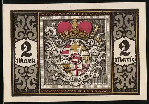 Notgeld Herstelle 1921, 2 Mark, Ortsansicht am Fluss, Stadtwappen