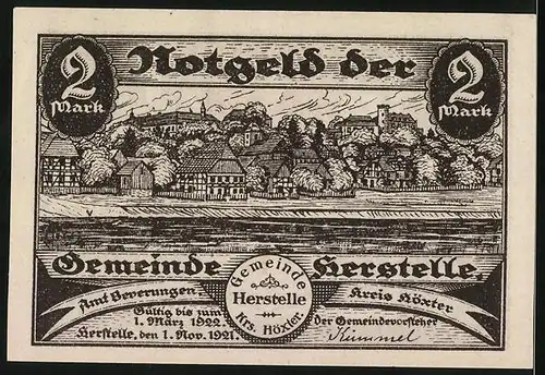 Notgeld Herstelle 1921, 2 Mark, Ortsansicht am Fluss, Stadtwappen