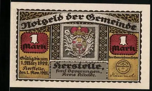 Notgeld Herstelle 1921, 1 Mark, Stadtwappen, Karl der Grosse
