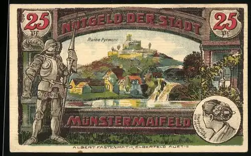 Notgeld Münstermaifeld 1921, 25 Pfennig, Ruine Pyrmont, Stadtwappen
