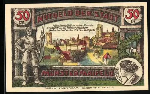 Notgeld Münstermaifeld 1921, 50 Pfennig, Stadt im Jahre 50 v. Chr., Stadtwappen