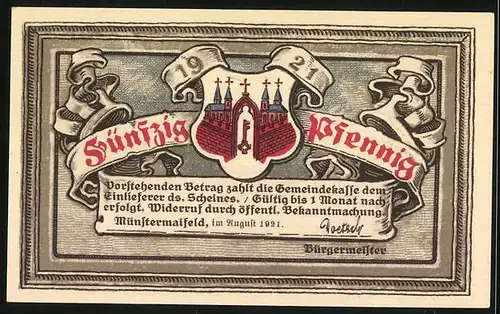Notgeld Münstermaifeld 1921, 50 Pfennig, Stadt im Jahre 50 v. Chr., Stadtwappen