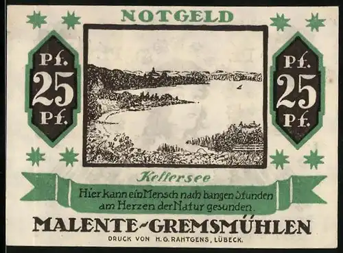 Notgeld Malente-Gremsmühlen 1920, 25 Pfennig, Kellersee und Voss`Luise