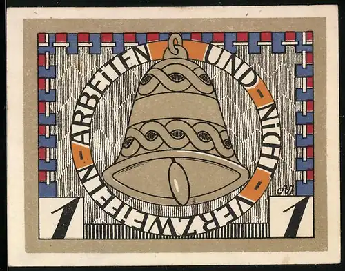 Notgeld Augustenburg 1920, 1 Mark, Das Fleckenskollegium, Glocke