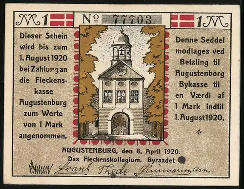 Notgeld Augustenburg 1920, 1 Mark, Das Fleckenskollegium, Glocke