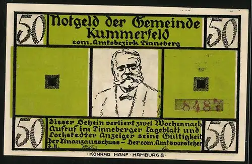 Notgeld Kummerfeld, 50 Pfennig, Portrait des Bürgermeisters, Gedicht De Wett