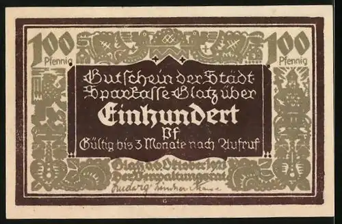 Notgeld Glatz 1921, 100 Pfennig, 100 Jahre Sparkasse