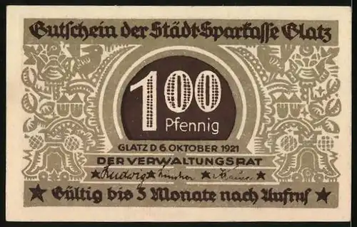 Notgeld Glatz 1921, 100 Pfennig, Wappen mit Löwe