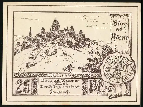 Notgeld Burg a. d. Wuppe 1921, 25 Pfennig, Schulunterricht im Schloss