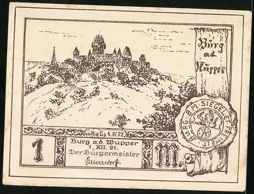 Notgeld Burg a. d. Wuppe 1921, 1 Mark, Standbild Graf Adolf V.