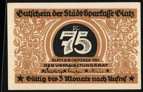 Notgeld Glatz 1921, 75 Pfennig, Wappen mit Löwe