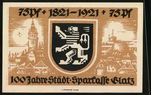 Notgeld Glatz 1921, 75 Pfennig, Wappen mit Löwe