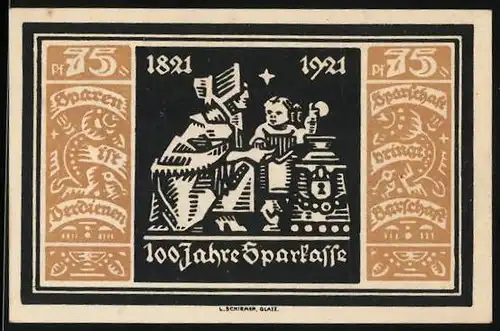 Notgeld Glatz 1921, 75 Pfennig, 100 Jahre Sparkasse