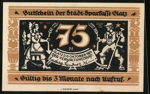 Notgeld Glatz 1921, 75 Pfennig, Spinnerin und Bauer