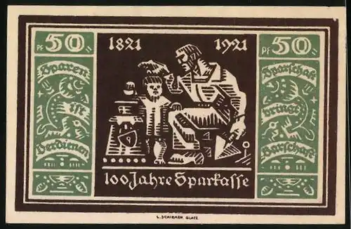 Notgeld Glatz 1921, 50 Pfennig, Arbeiter mit Sohn