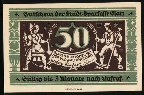 Notgeld Glatz 1921, 50 Pfennig, Spinnerin und Bauer