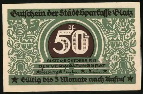 Notgeld Glatz 1921, 50 Pfennig, Löwenwappen