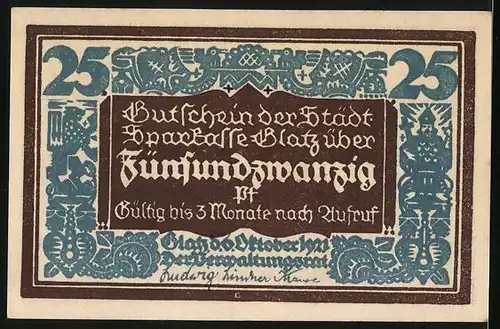 Notgeld Glatz 1921, 25 Pfennig, Arbeiter mit Sohn