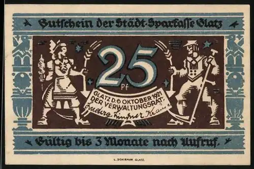 Notgeld Glatz 1921, 25 Pfennig, Bauer und Spinnerin
