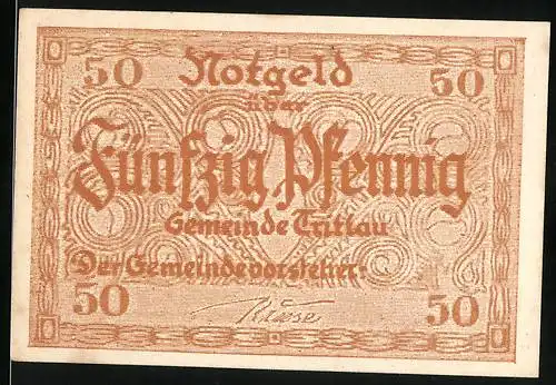 Notgeld Trittau, 50 Pfennig, Ortspartie mit Wappen