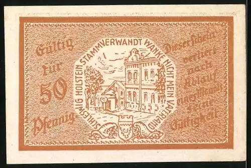 Notgeld Trittau, 50 Pfennig, Ortspartie mit Wappen