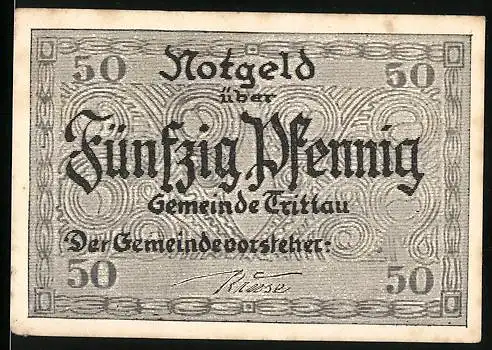 Notgeld Trittau i. Holst., 50 Pfennig, Ortspartie mit Wappen
